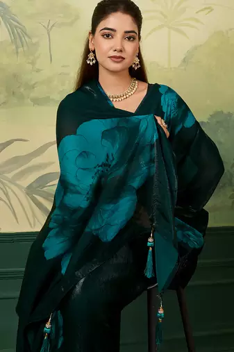 green color smart and ethnic silk blend fabric digital printed girlie fancy saree