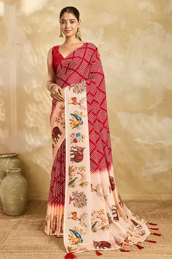 maroon color smart and ethnic chinon silk blend fabric digital printed girlie fancy saree