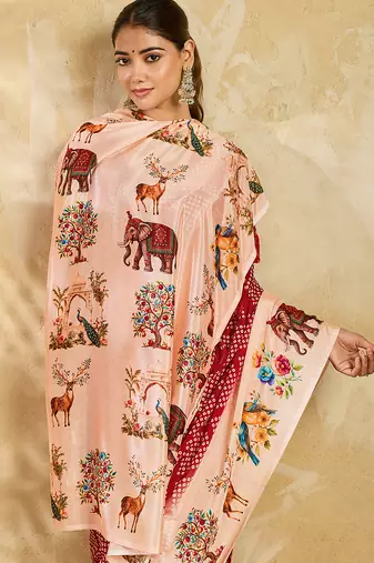 maroon color smart and ethnic chinon silk blend fabric digital printed girlie fancy saree
