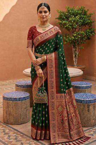 bottel green color soft silk blend fabric woven designer ethnic partywear saree