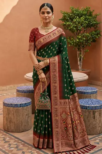 bottel green color soft silk blend fabric woven designer ethnic partywear saree