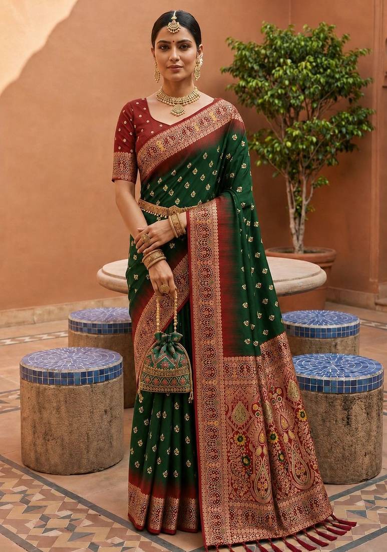 bottel green color soft silk blend fabric woven designer ethnic partywear saree