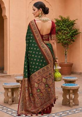 bottel green color soft silk blend fabric woven designer ethnic partywear saree 2