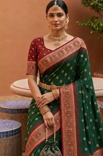 bottel green color soft silk blend fabric woven designer ethnic partywear saree