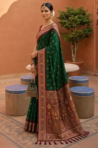 bottel green color soft silk blend fabric woven designer ethnic partywear saree
