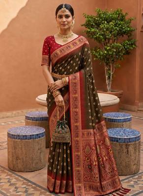 dark mahendi color soft silk blend fabric woven designer ethnic partywear saree 1