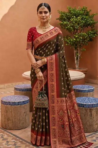 dark mahendi color soft silk blend fabric woven designer ethnic partywear saree