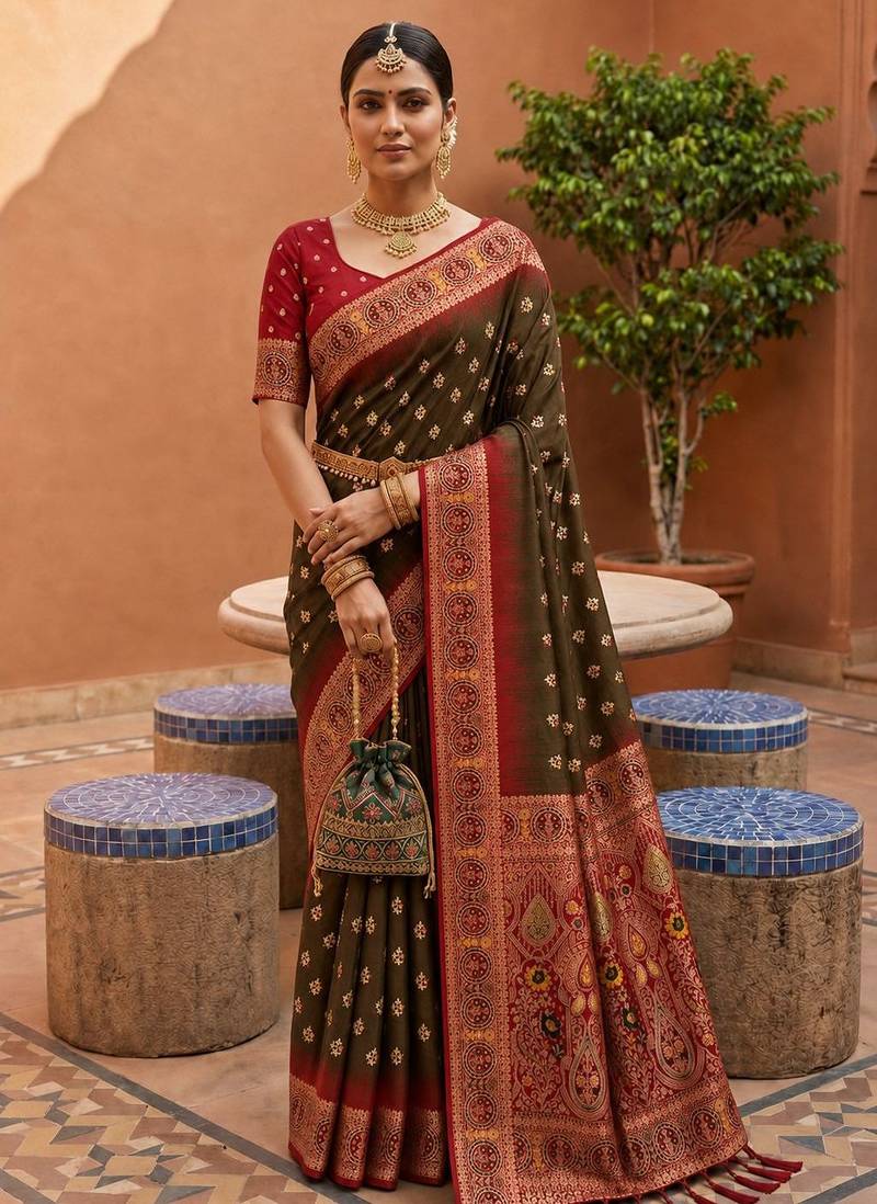 dark mahendi color soft silk blend fabric woven designer ethnic partywear saree