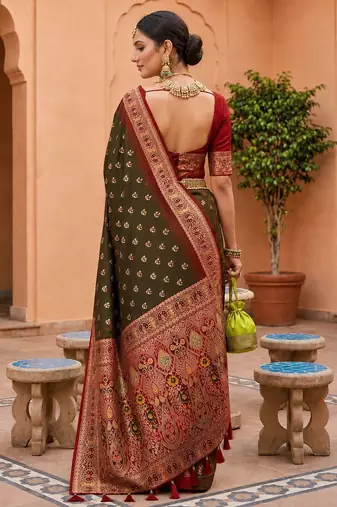 dark mahendi color soft silk blend fabric woven designer ethnic partywear saree