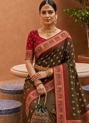 dark mahendi color soft silk blend fabric woven designer ethnic partywear saree 3