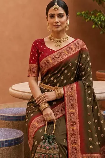 dark mahendi color soft silk blend fabric woven designer ethnic partywear saree