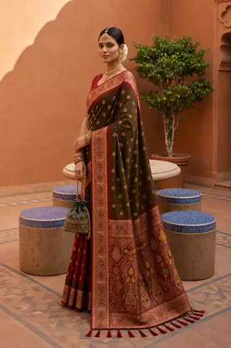 dark mahendi color soft silk blend fabric woven designer ethnic partywear saree
