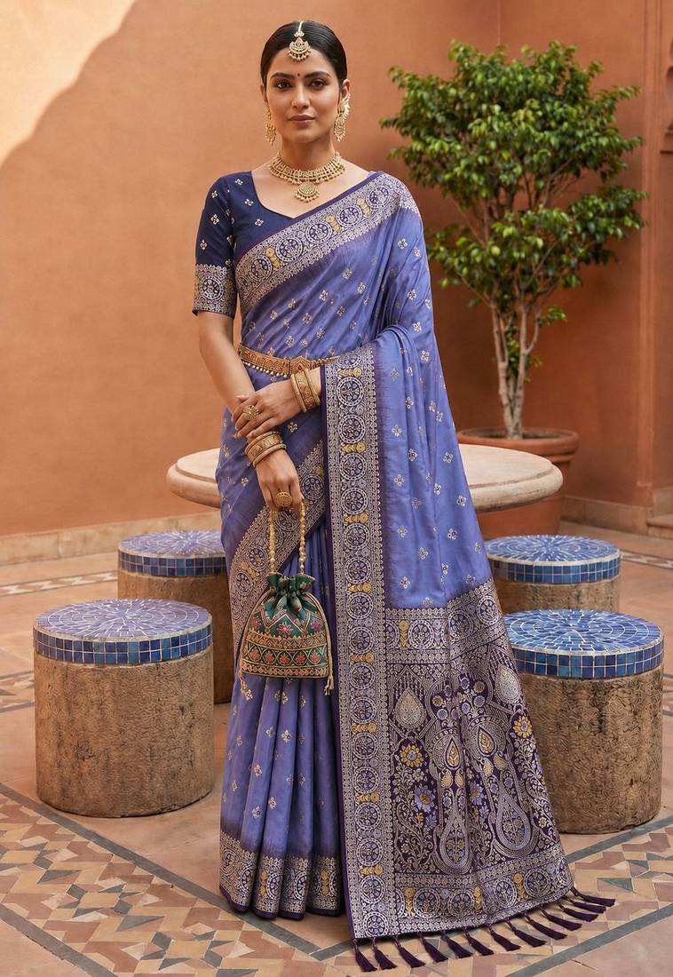 lavender color soft silk blend fabric woven designer ethnic partywear saree