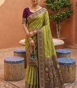 olive color soft silk blend fabric woven designer ethnic partywear saree