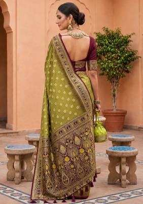 olive color soft silk blend fabric woven designer ethnic partywear saree 2