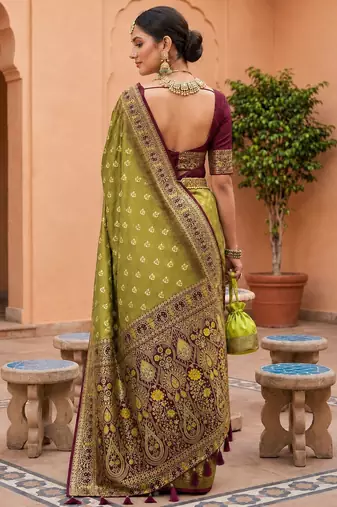 olive color soft silk blend fabric woven designer ethnic partywear saree
