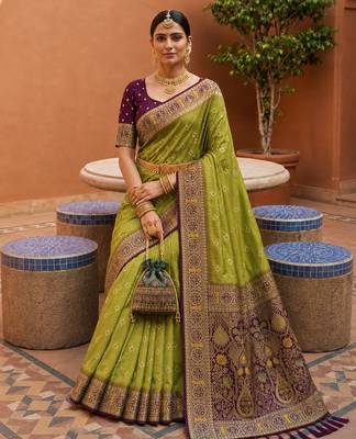 olive color soft silk blend fabric woven designer ethnic partywear saree 3