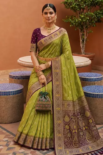 olive color soft silk blend fabric woven designer ethnic partywear saree