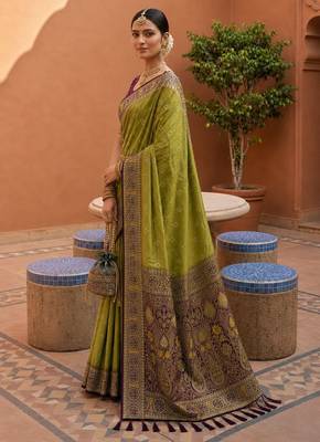 olive color soft silk blend fabric woven designer ethnic partywear saree 4