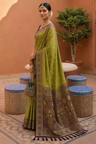 olive color soft silk blend fabric woven designer ethnic partywear saree
