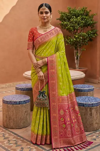 perrot green color soft silk blend fabric woven designer ethnic partywear saree