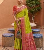 perrot green color soft silk blend fabric woven designer ethnic partywear saree
