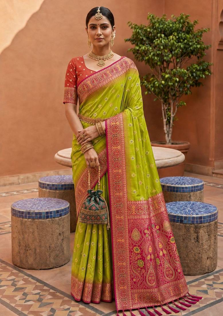 perrot green color soft silk blend fabric woven designer ethnic partywear saree