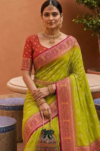 perrot green color soft silk blend fabric woven designer ethnic partywear saree