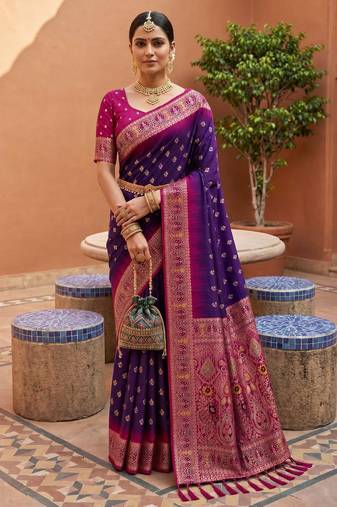 purple color soft silk blend fabric woven designer ethnic partywear saree
