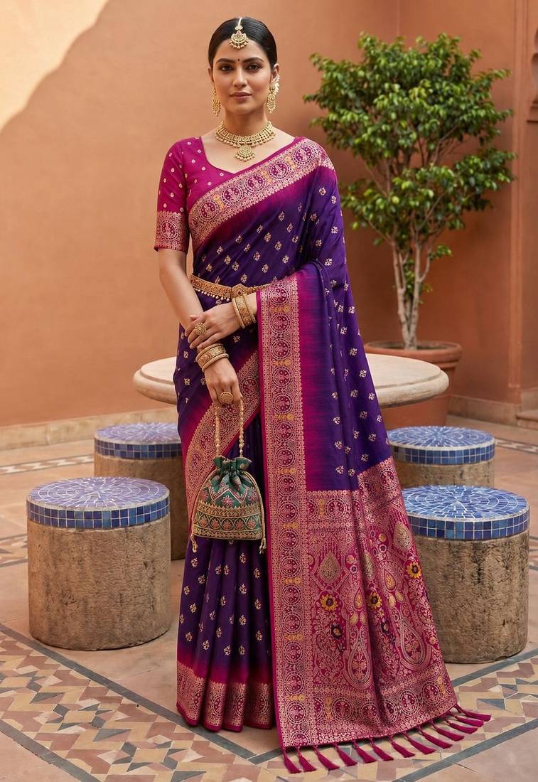 purple color soft silk blend fabric woven designer ethnic partywear saree