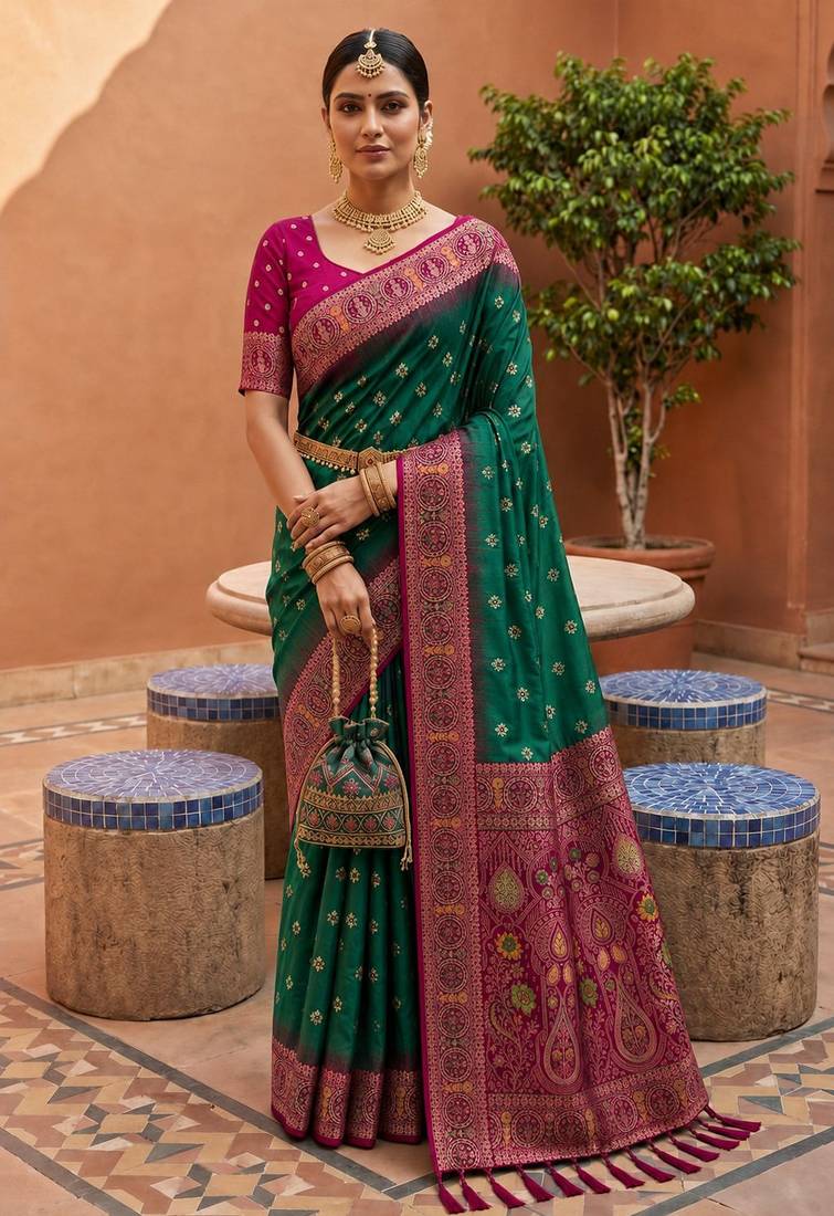rama color soft silk blend fabric woven designer ethnic partywear saree