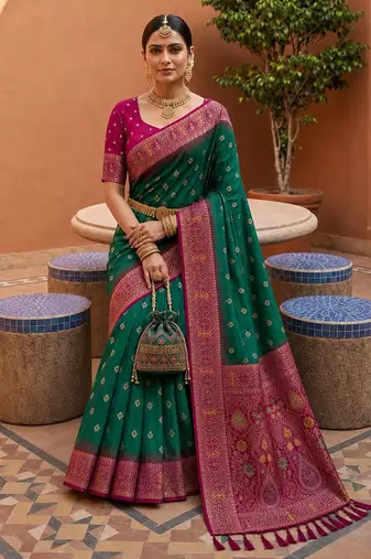 rama color soft silk blend fabric woven designer ethnic partywear saree