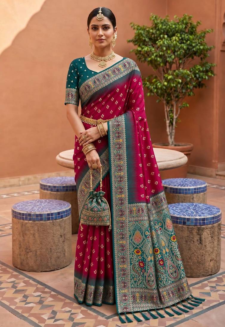 pink color soft silk blend fabric woven designer ethnic partywear saree