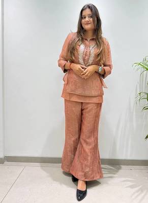 brown color embroidered and beads wrok silk blend salwar suit 1