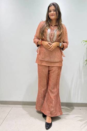 brown color embroidered and beads wrok silk blend salwar suit