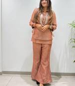 brown color embroidered and beads wrok silk blend salwar suit