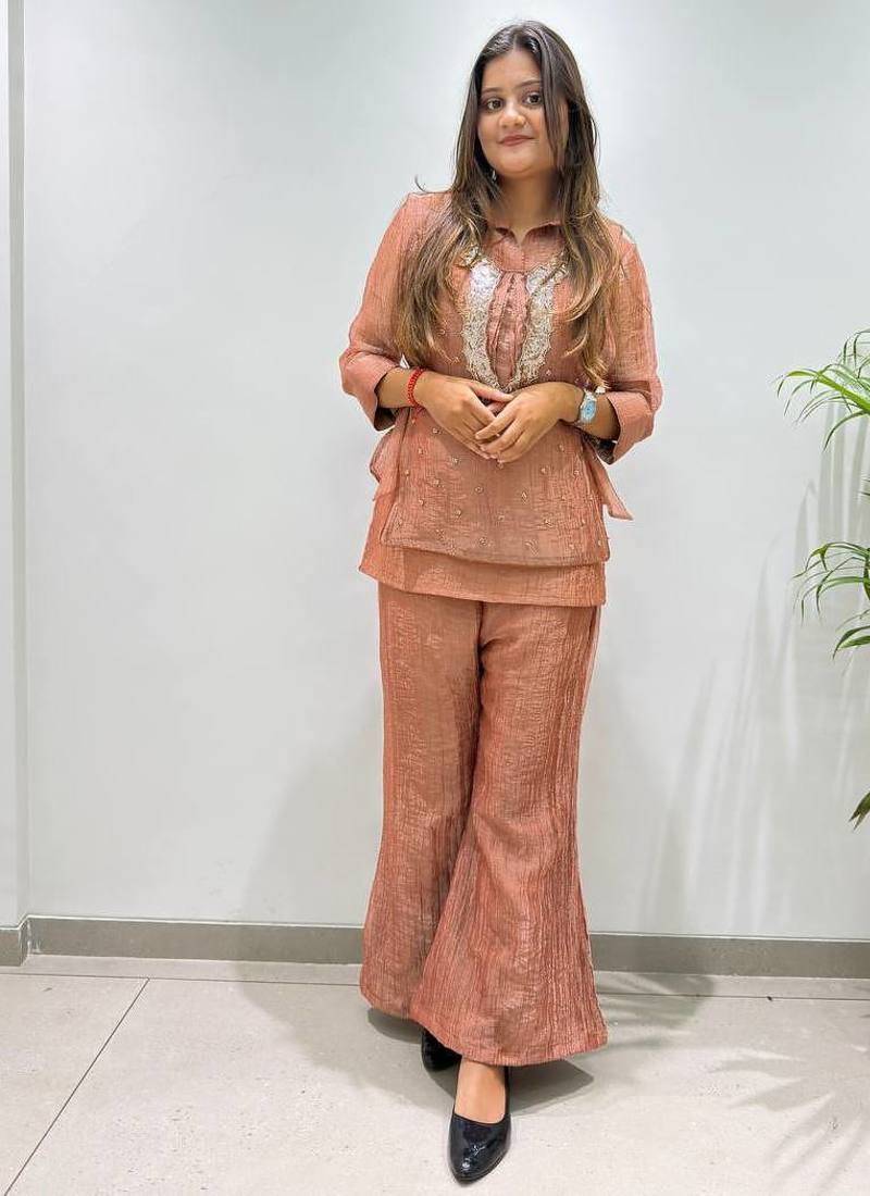 brown color embroidered and beads wrok silk blend salwar suit