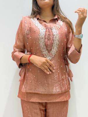 brown color embroidered and beads wrok silk blend salwar suit 2