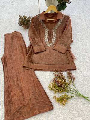 brown color embroidered and beads wrok silk blend salwar suit 3