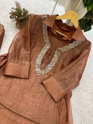 brown color embroidered and beads wrok silk blend salwar suit 4