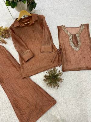 brown color embroidered and beads wrok silk blend salwar suit 5