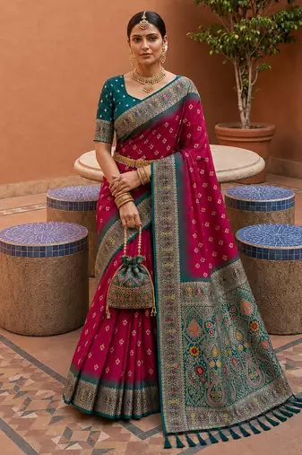 pink color soft silk blend fabric woven designer ethnic partywear saree