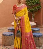 yellow color soft silk blend fabric woven designer ethnic partywear saree
