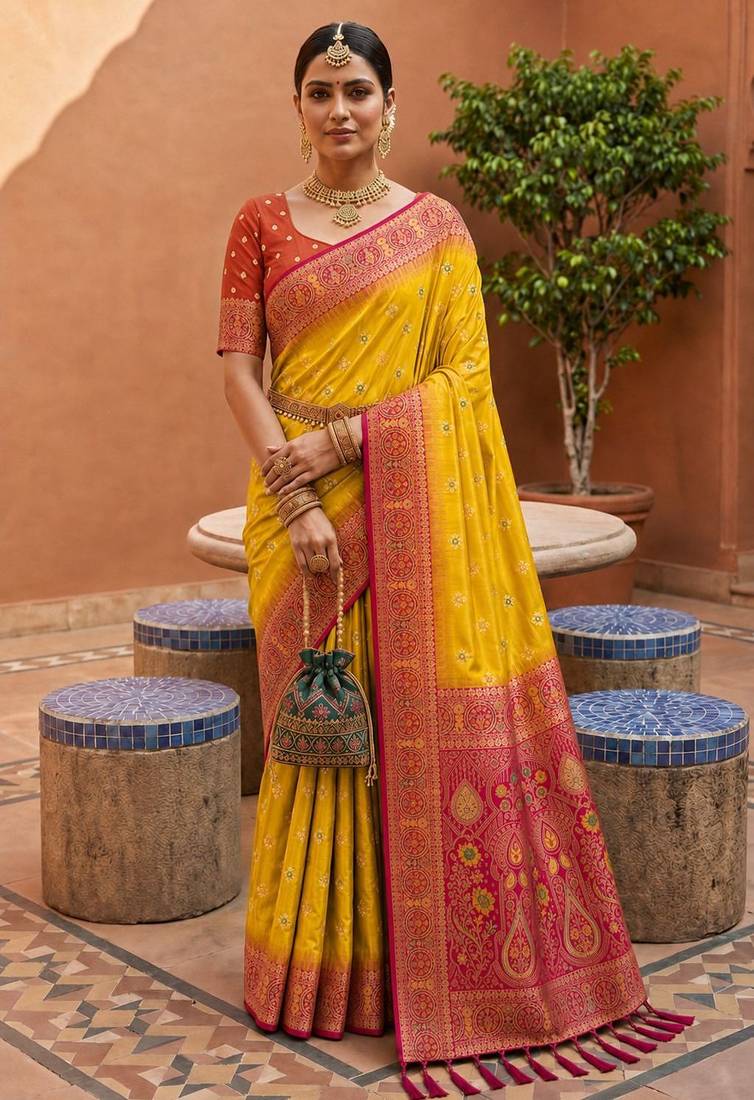 yellow color soft silk blend fabric woven designer ethnic partywear saree