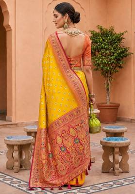 yellow color soft silk blend fabric woven designer ethnic partywear saree 2
