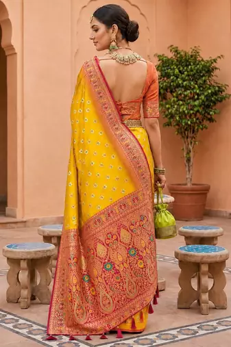 yellow color soft silk blend fabric woven designer ethnic partywear saree