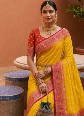 yellow color soft silk blend fabric woven designer ethnic partywear saree 3