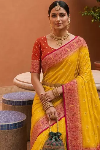 yellow color soft silk blend fabric woven designer ethnic partywear saree