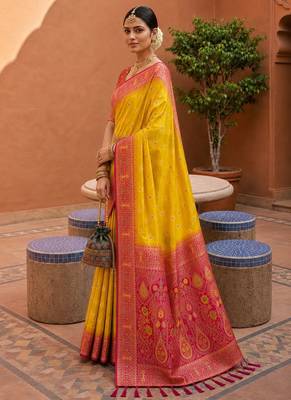 yellow color soft silk blend fabric woven designer ethnic partywear saree 4