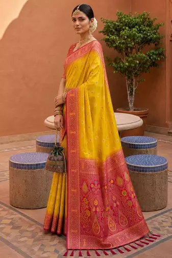yellow color soft silk blend fabric woven designer ethnic partywear saree